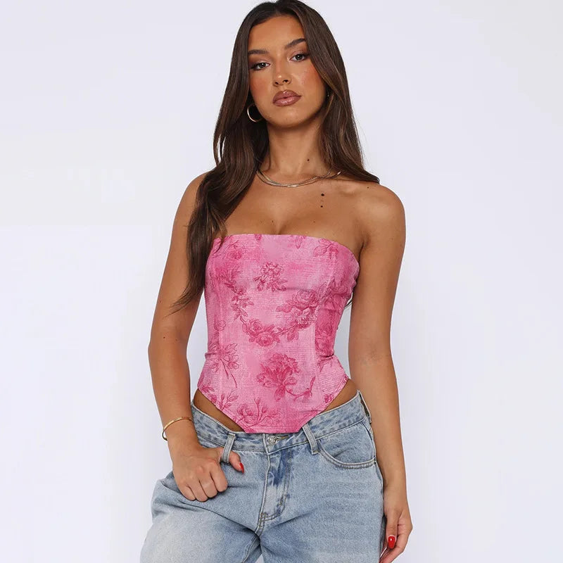 Strapless Printed Corset Top With Lace Up Details Hollow Out