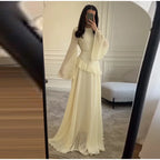 Flare Sleeve Maxi Dress With Ruffle Detail O Neck High Waist Pleated