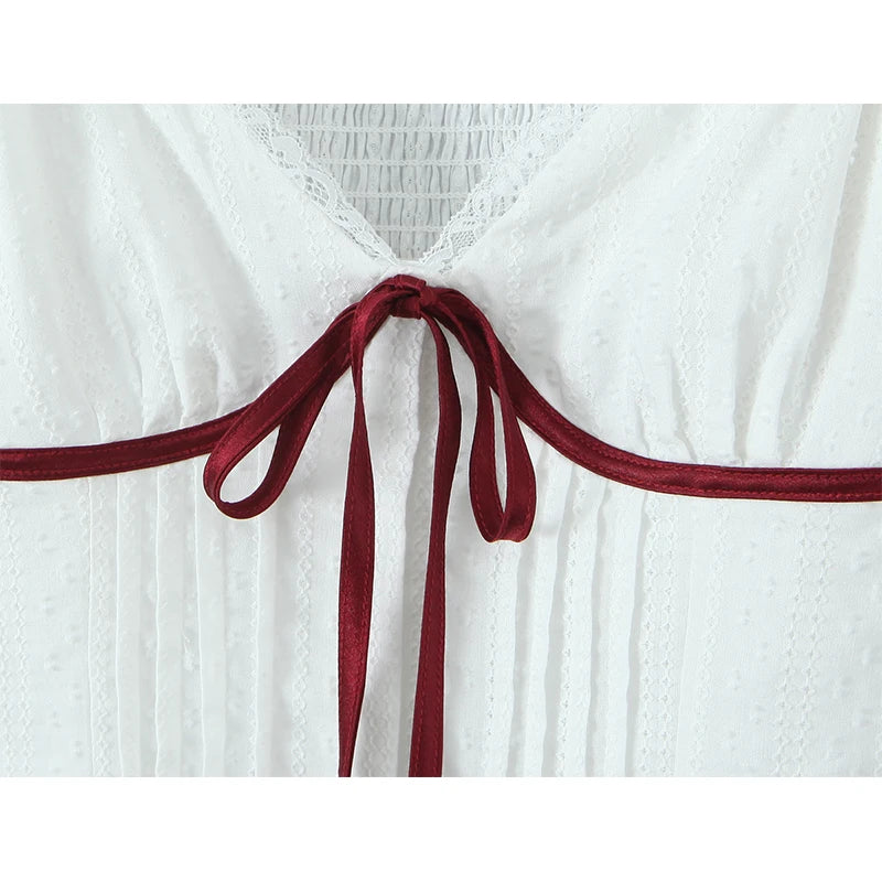 White Bow Detail Puff Sleeve V Neck Top With Vintage Charm And Flirty Slim Silhouette