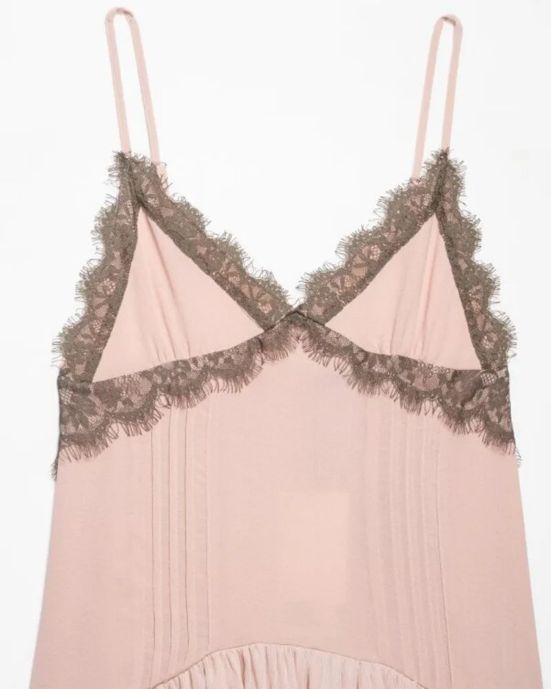 Pink Lace Trim Spaghetti Strap Mini Dress With V Neck Flirty Slip On
