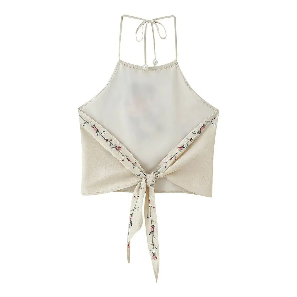 Sunny Floral Embroidered Beaded Tie Neck Halter Top