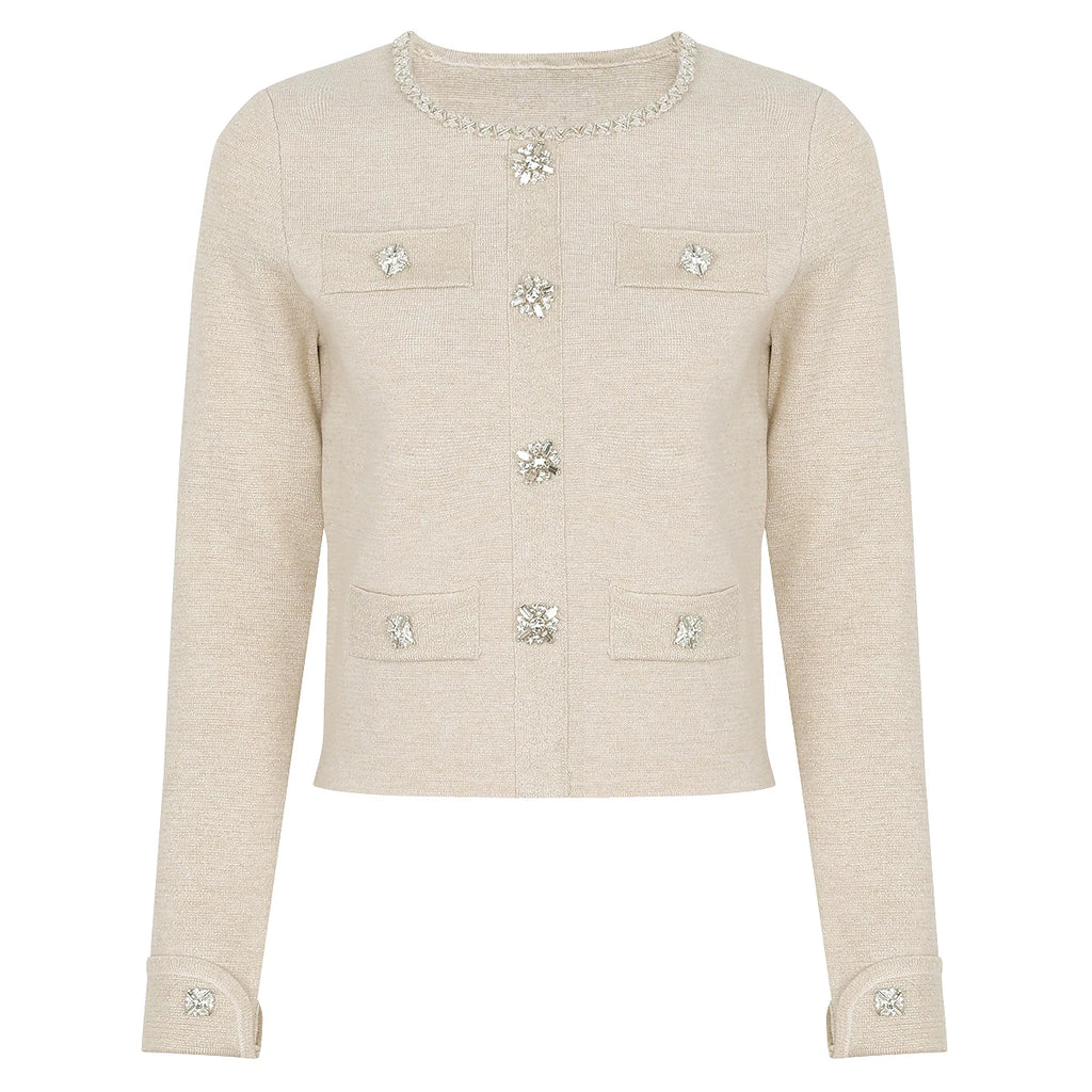 Diamond Buckle Knit Top With Elastic Fit Long Sleeve Pullover Round Neck For Women