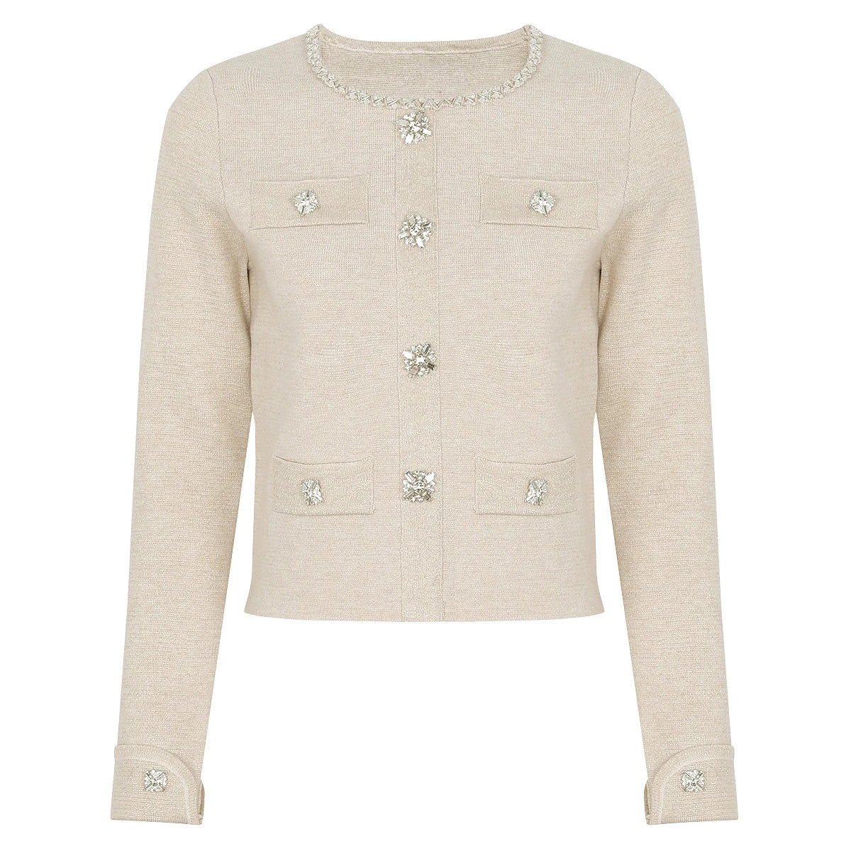 Diamond Buckle Knit Top With Elastic Fit Long Sleeve Pullover Round Neck For Women