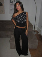 Polka Dot Off Shoulder Crop Top With Skew Collar And Ruched Backless