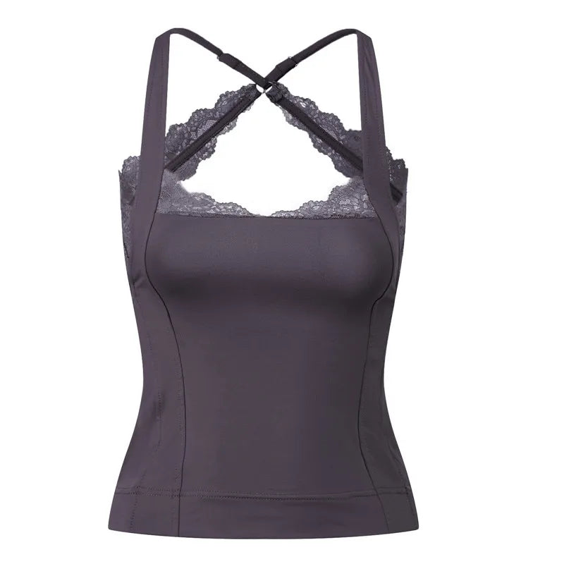 Vintage Y2K Lace Trim Halter Women Sleeveless Backless Camisole Slim Fit Crop Tank Top