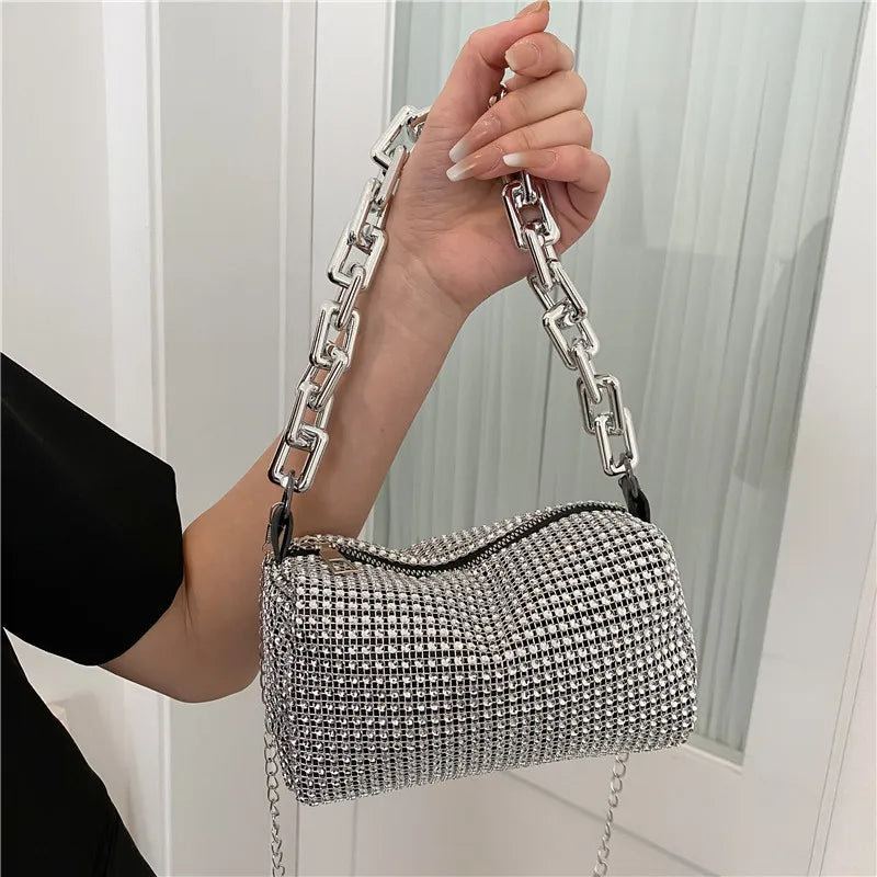 Mini Crossbody Rhinestone Bucket Bag With Glitter Chain Purse