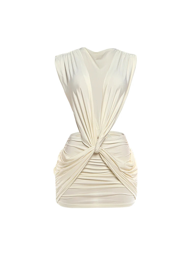 Patchwork Ruched Deep V Neck Sleeveless Backless Bodycon Dress