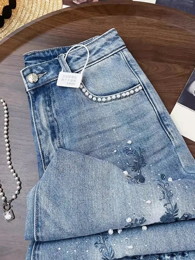 Vintage Embroidered Denim Jeans With High Waist Slim Fit And Beaded Details