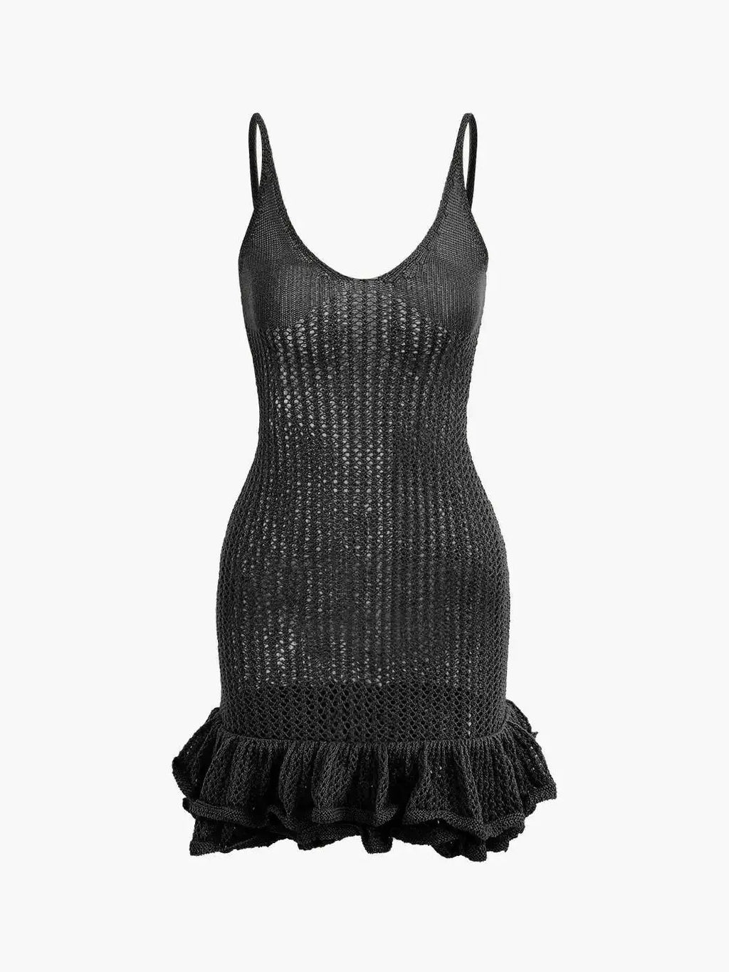Open Knit Crochet Cami Mini Dress With Ruffle Hem