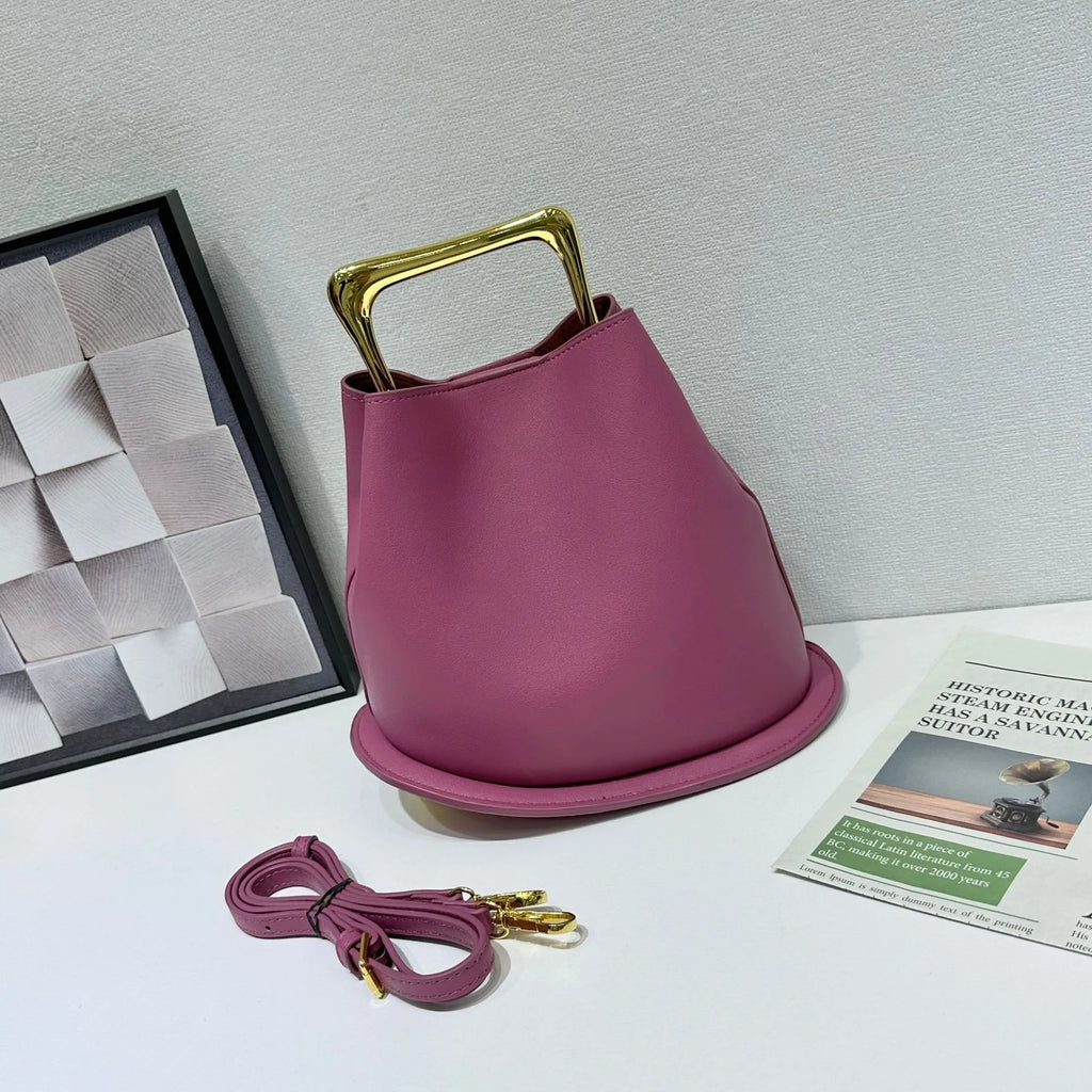 Gold Metallic Irregular Bucket Bag With Ball Base Leather Tote