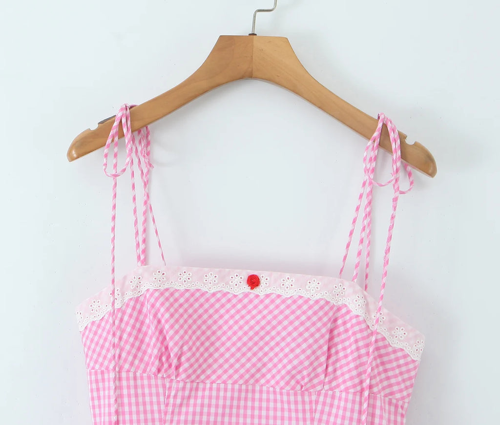 Pink Plaid Bow Sling With Lacing Up Detail For Women Slim Waist Ruched Skater Mini Dress