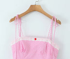 Pink Plaid Bow Sling With Lacing Up Detail For Women Slim Waist Ruched Skater Mini Dress