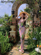 Pink Tie Dye Spaghetti Strap Maxi Dress For Beach Vacation Pleated Sleeveless Elegant Bodycon