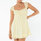 Backless Babydoll Dress With Jacquard Eyelet Lace Square Neck Frill Bust High Waist A Line Sundress