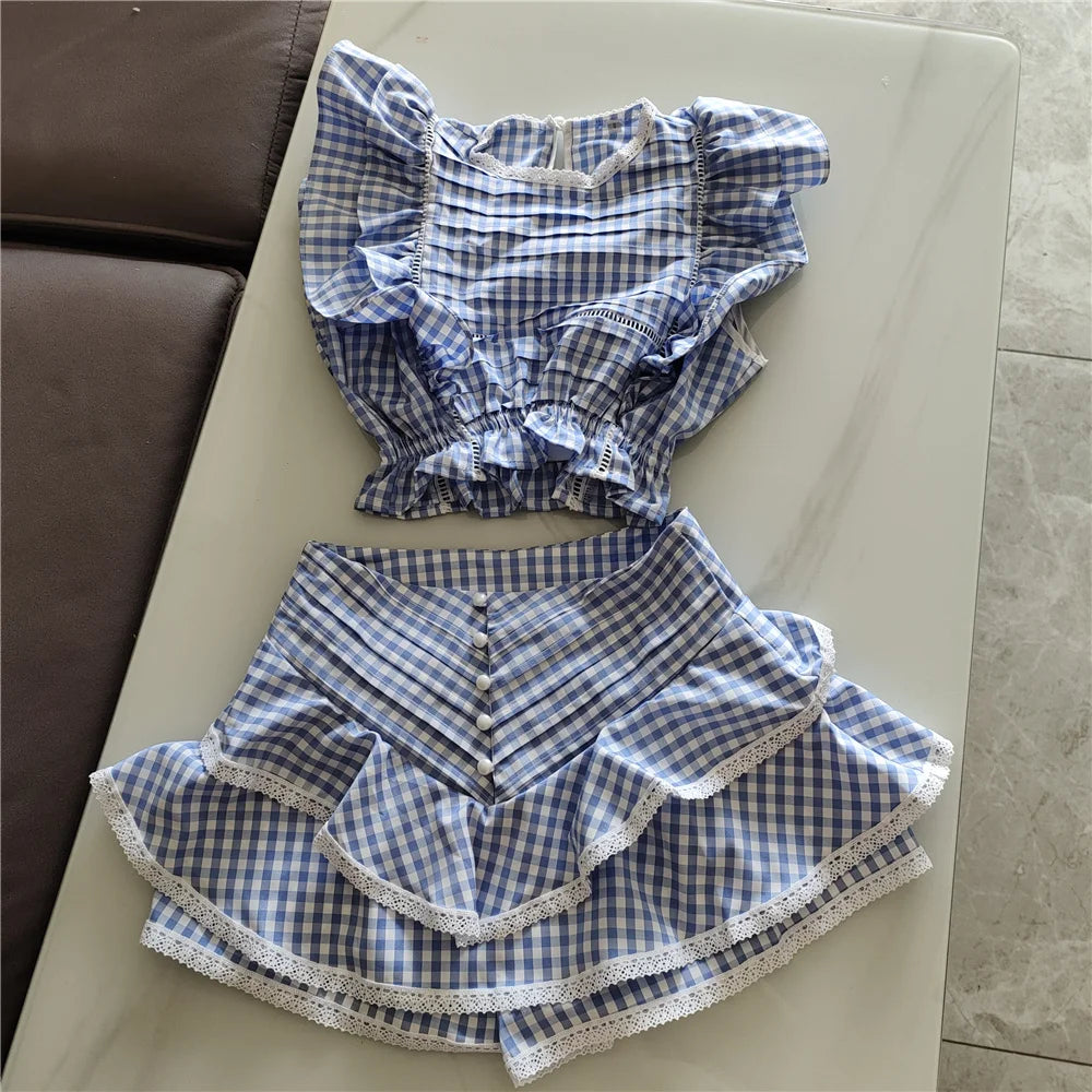 Cotton Plaid Ruffled Top And Shorts Set For Women