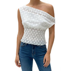 One Shoulder Crop Top With Sheer Polka Dots and Ruched