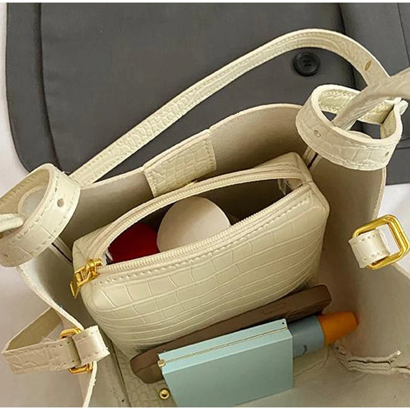 Women Stone Pattern Handbag Chic Shoulder Style Casual Messenger Versatile Bucket Wallet Included