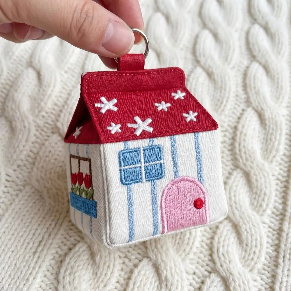 Kawaii Large Capacity Cartoon House Earphone Bag And Embroidery Storage Coin Purse In Red Polyester
