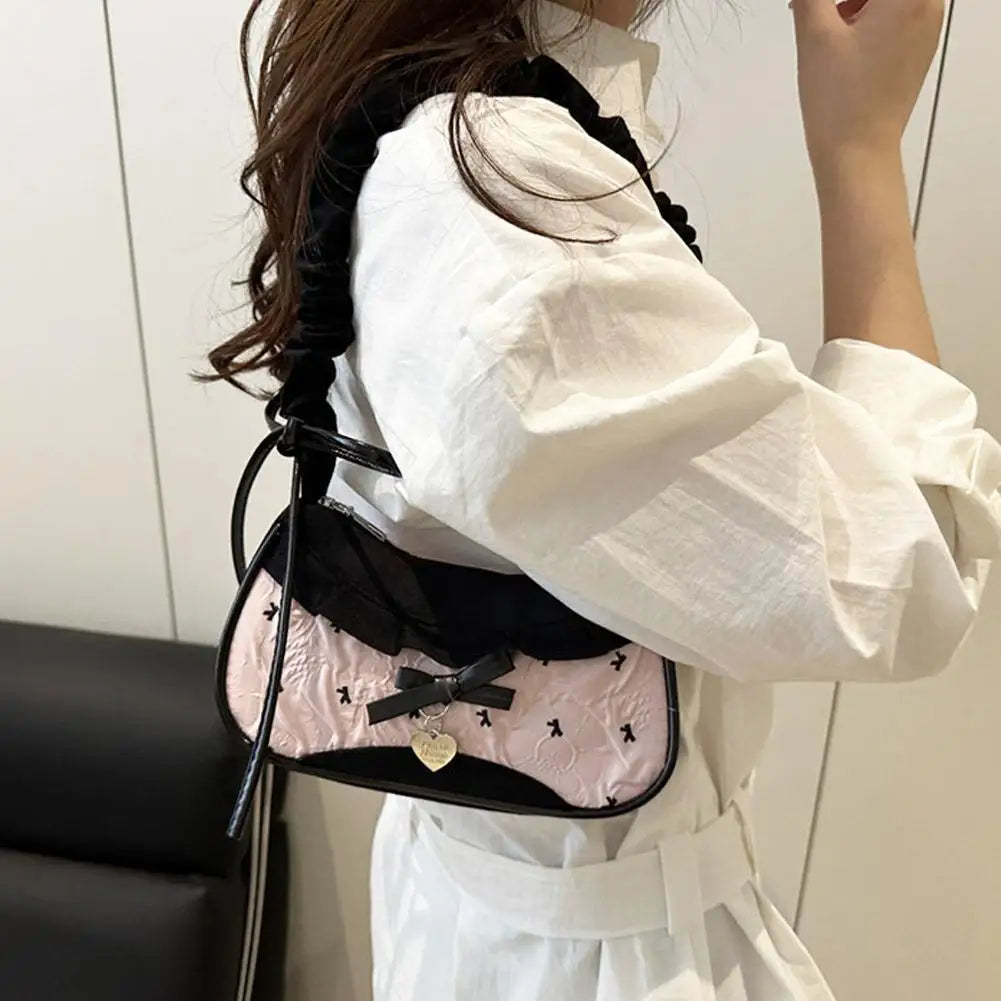 Lace Ribbon Tote With Stretchable Shoulder Strap Handbag