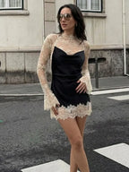 Lace Patchwork Mini Dress With Vintage Contrast Slim Long Sleeves