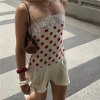 Polka Dot Satin Cami Dress With Lace Trim And Ruffle Hem Mini