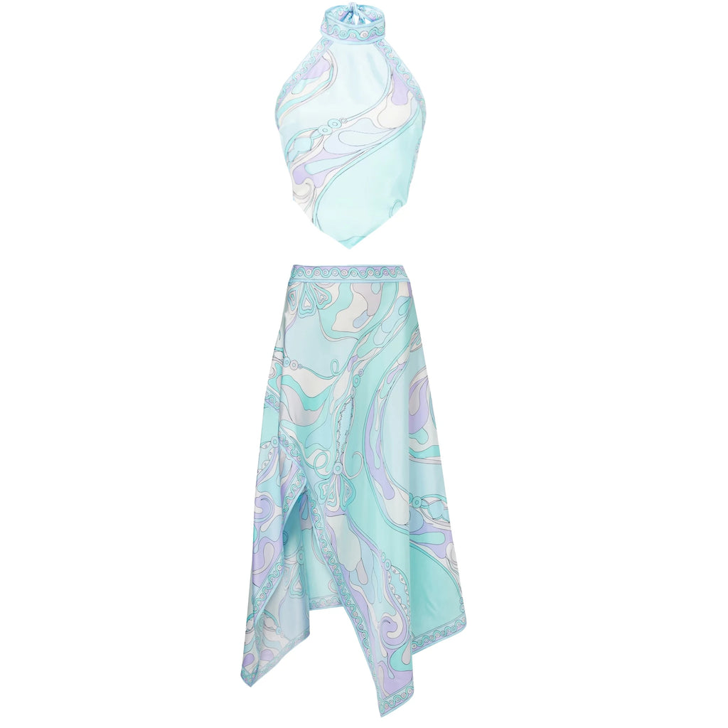 Print Two Piece Beach Set With Sexy Halter Top And High Waist A Line Skirt