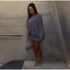 Backless Lace Up Mini Dress With Batwing Sleeves Round Neck Pleated