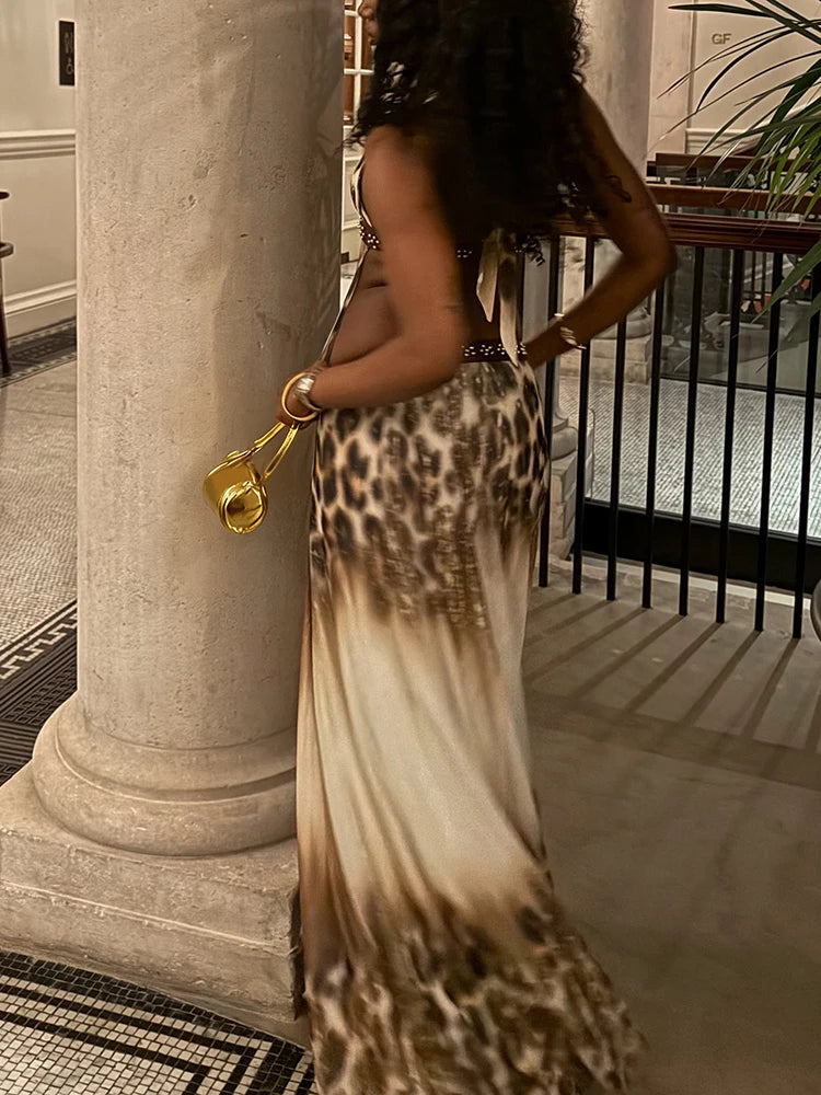 Leopard Print Halter Maxi Dress Backless Sleeveless