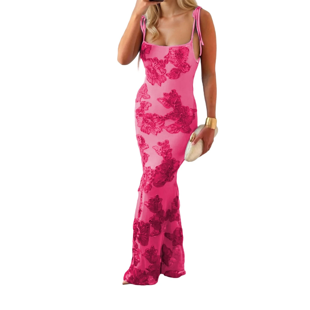 Women Thin Shoulder Straps Tied Long Cami Dress Sleeveless Low Cut Tie Up Flower Embroidery Mermaid Sundress