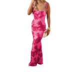Women Thin Shoulder Straps Tied Long Cami Dress Sleeveless Low Cut Tie Up Flower Embroidery Mermaid Sundress