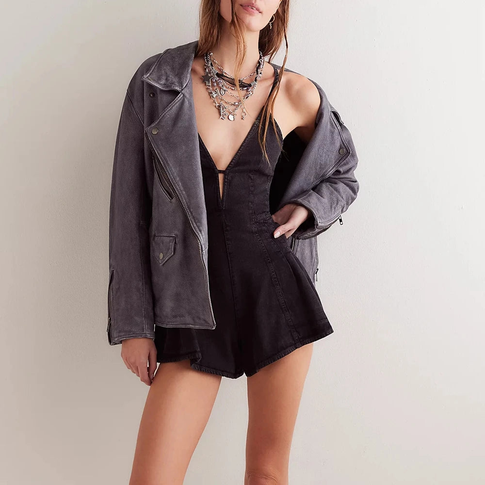 Retro Denim Playsuit With Cross Tie Backless V Neck Zip Front Loose Wide Leg Romper