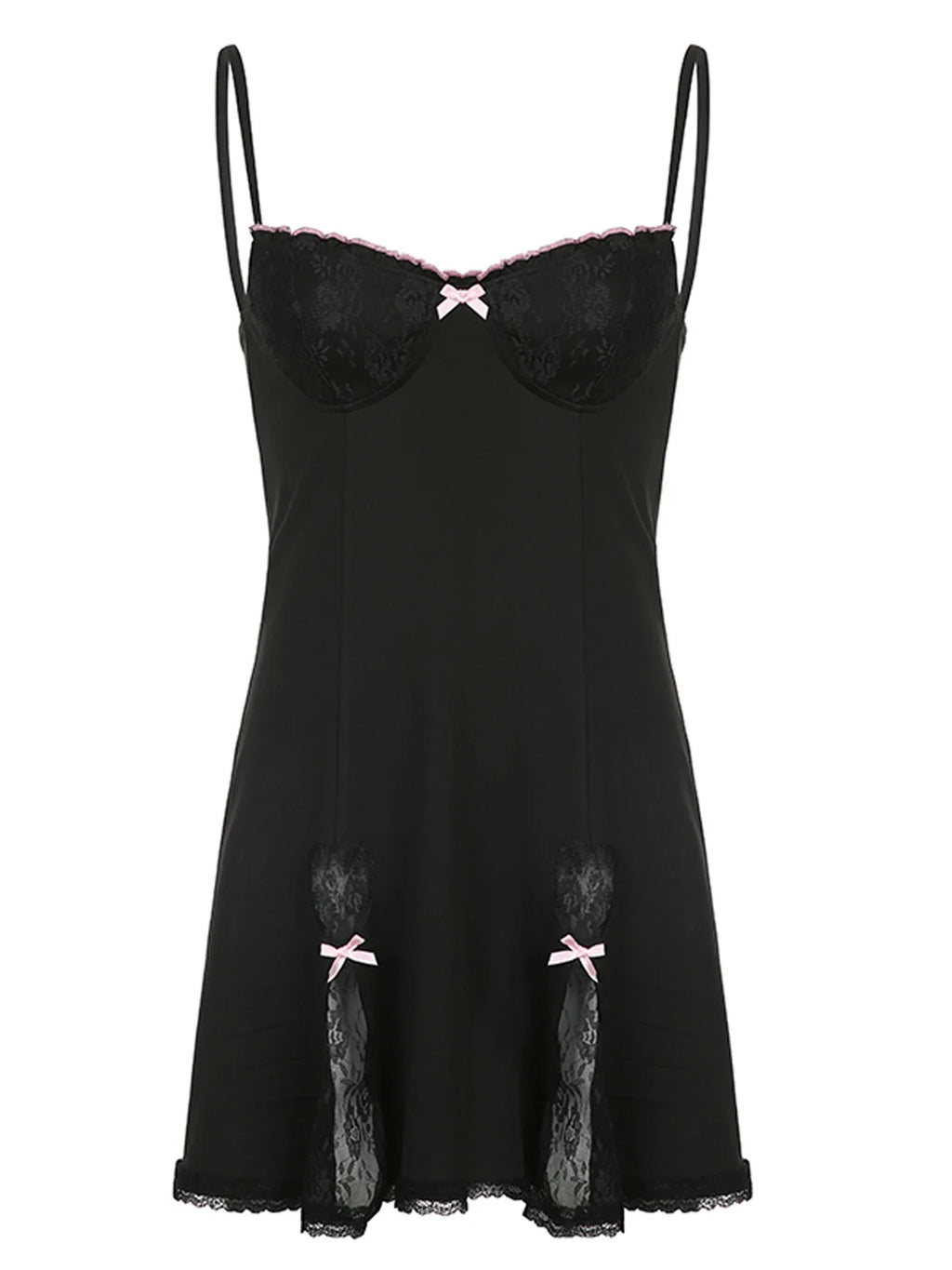 Gothic Kawaii Lace Trim Sleeveless V Neck Mini Dress With Bow Accent