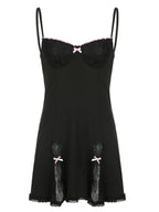Gothic Kawaii Lace Trim Sleeveless V Neck Mini Dress With Bow Accent