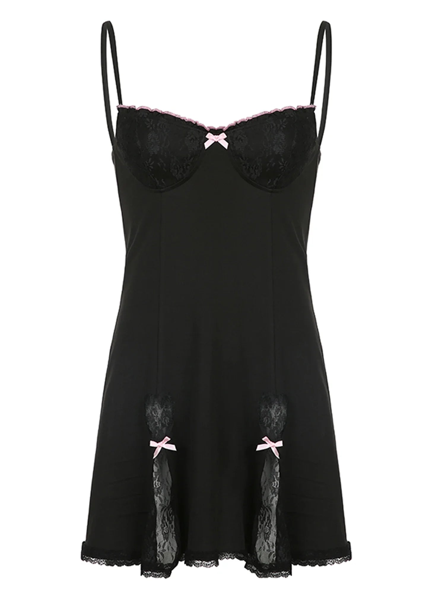 Gothic Kawaii Lace Trim Sleeveless V Neck Mini Dress With Bow Accent