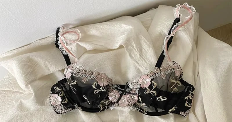 Lace Set With Embroidered Details Two-piece Sheer Push Up Bra And Matching Briefs