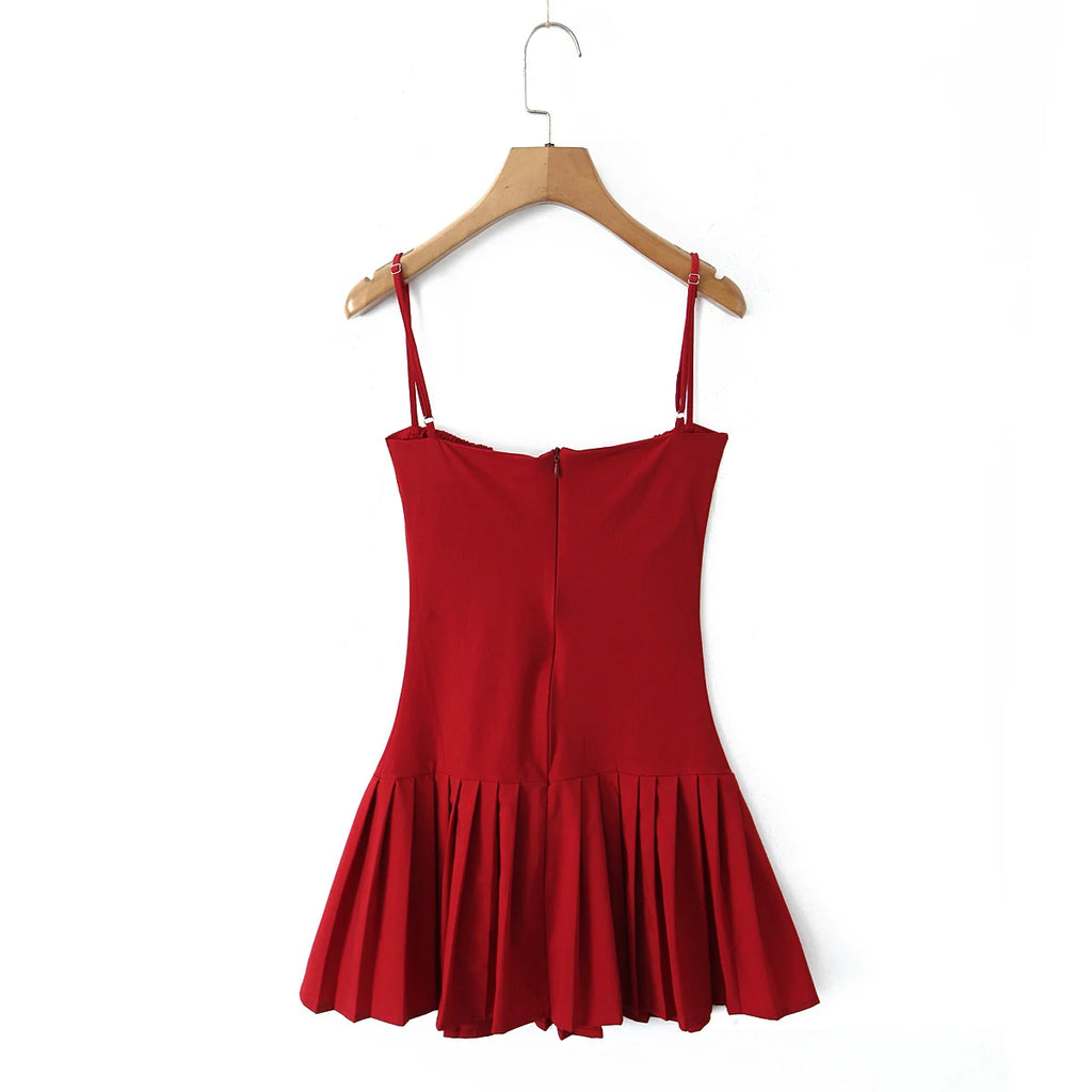 Crimson Ruched Front Button Mini Dress With Slash Collar And Sling Bodice