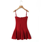Crimson Ruched Front Button Mini Dress With Slash Collar And Sling Bodice