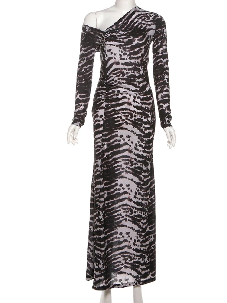 Patchwork Long Dress With Asymmetric Shoulder And Slim Stretch