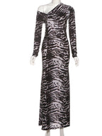 Patchwork Long Dress With Asymmetric Shoulder And Slim Stretch