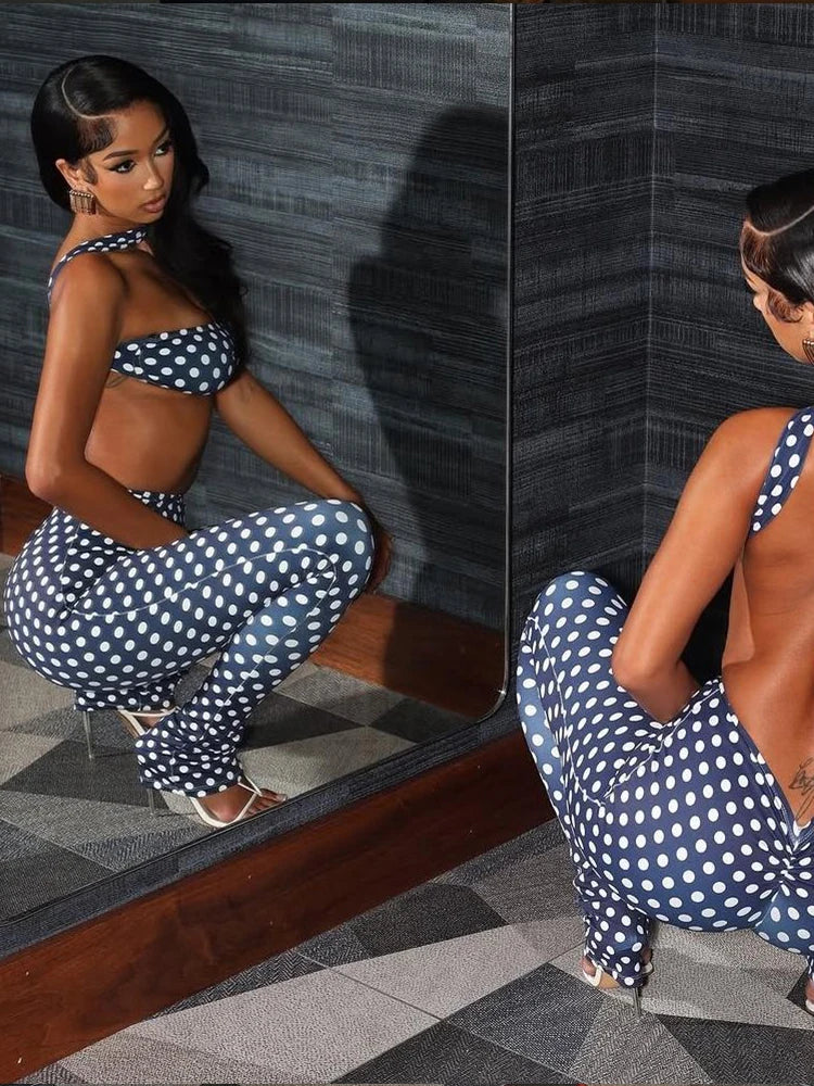 Dot Print Halter Top And Slim Leggings Set