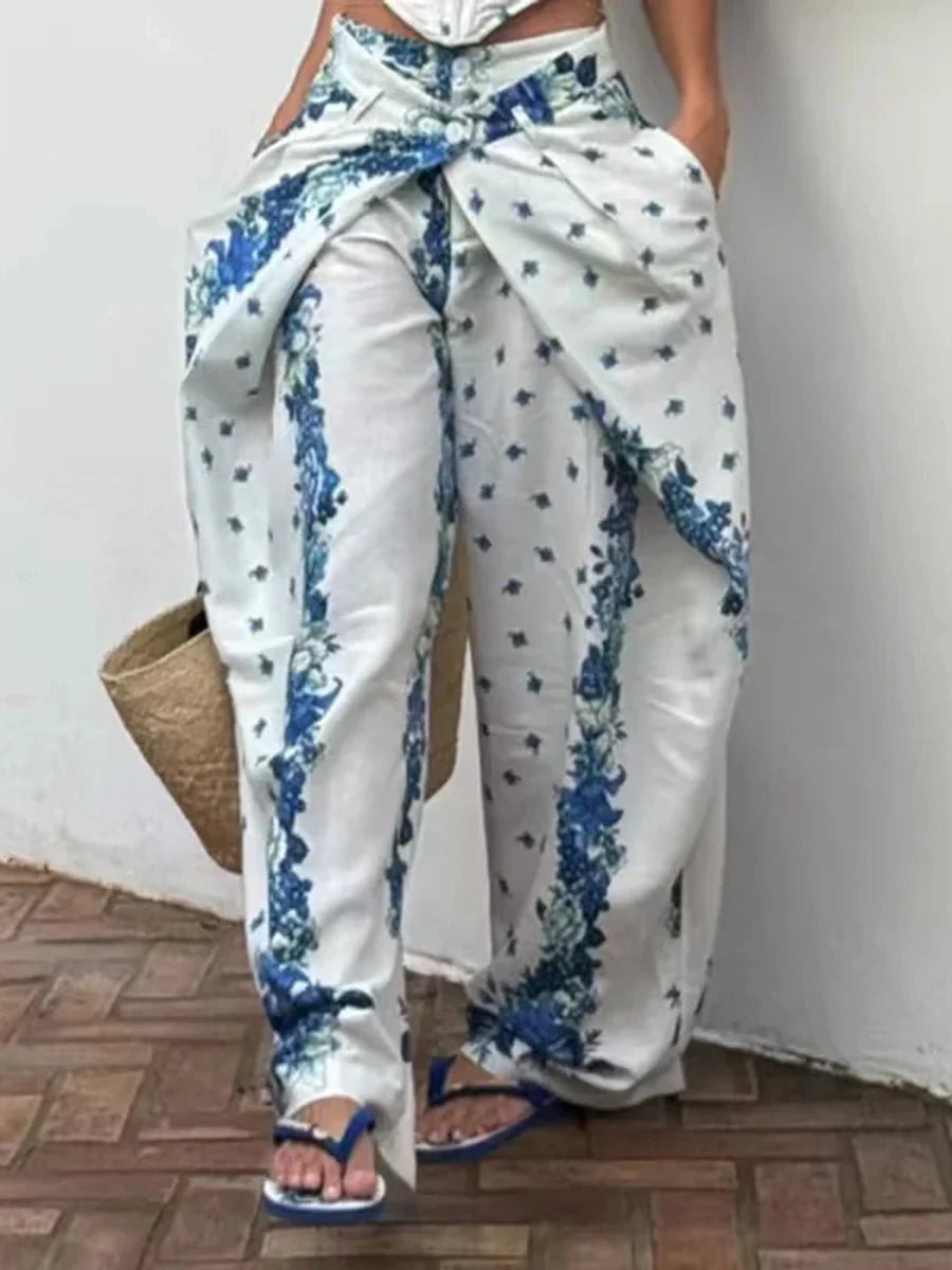 Boho Floral Dream Two Piece Set With Corset Wrap And Wide Leg Pants