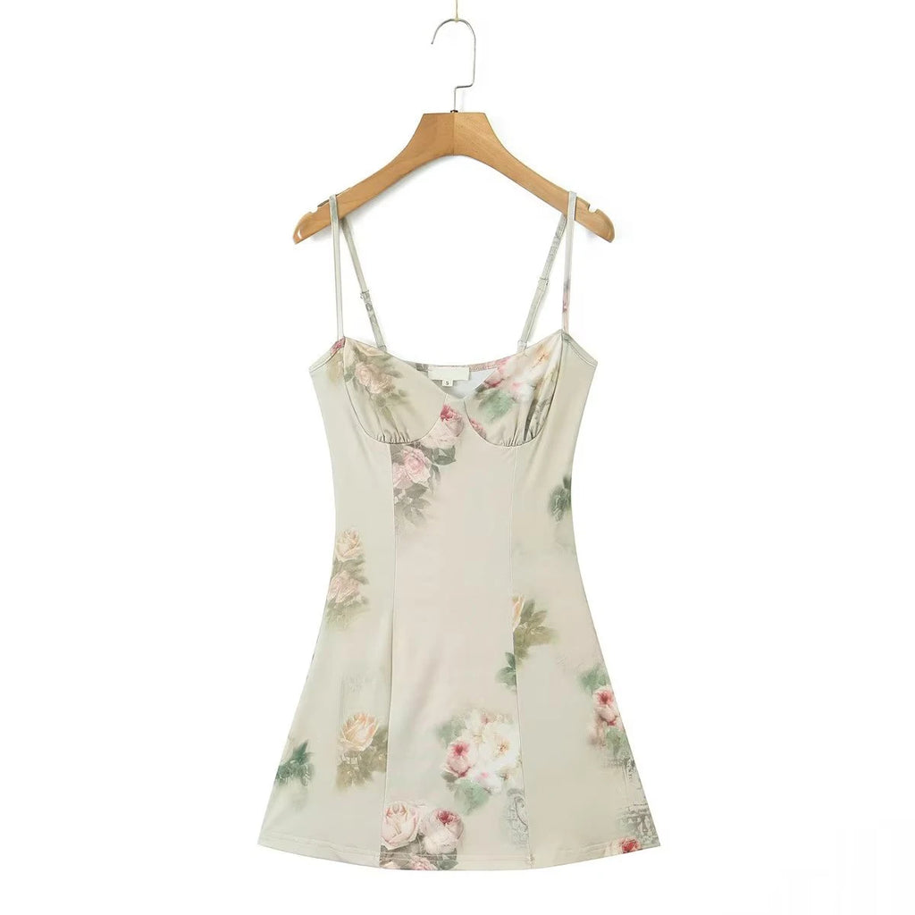Women Vintage Floral Print Knit High Stretch Sling Mini Dress