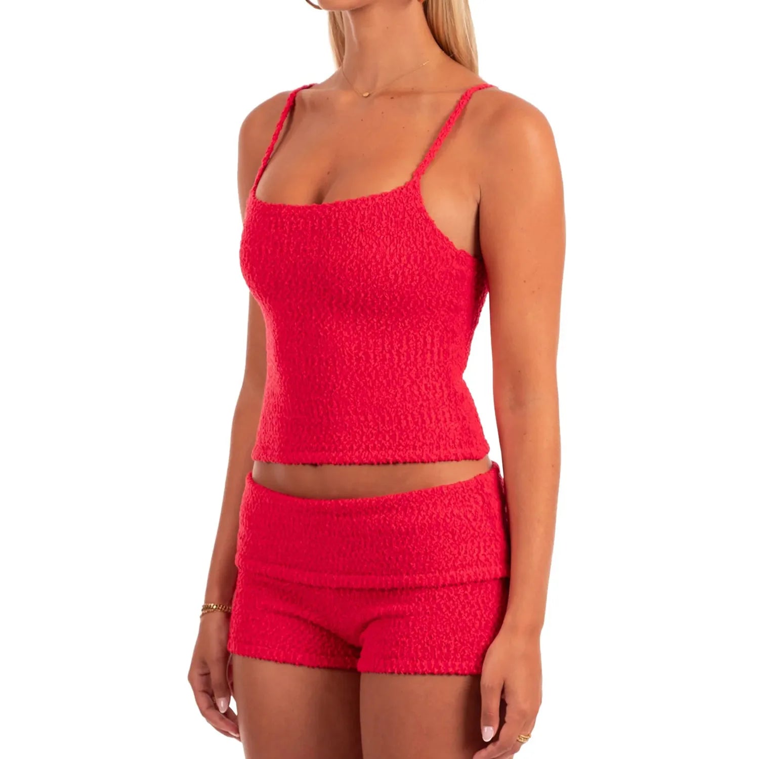 Textured Spaghetti Strap Crop Top Two-piece Set With Foldover High Waist Shorts