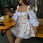 Floral Patchwork Mini Dress With Off Shoulder Square Collar Two Piece Look A Line