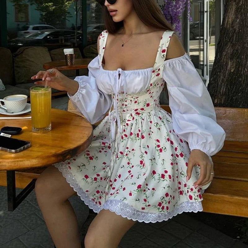 Floral Patchwork Mini Dress With Off Shoulder Square Collar Two Piece Look A Line