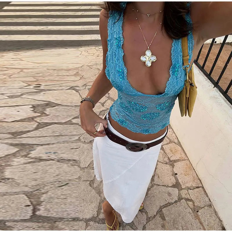 Sequin V-Neck Lace Top Ruffle Skirt Set Slim Fit Sleeveless Sheer