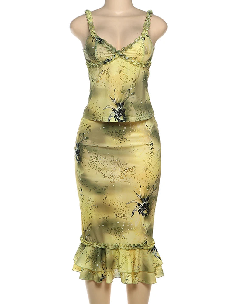 See Through Two Piece Set With Ruffles Patchwork Camisole And Tiered Skirts