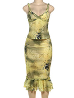 See Through Two Piece Set With Ruffles Patchwork Camisole And Tiered Skirts
