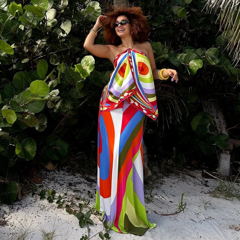 Halter Top And Long Skirt Set With Backless Detail Asymmetric Design