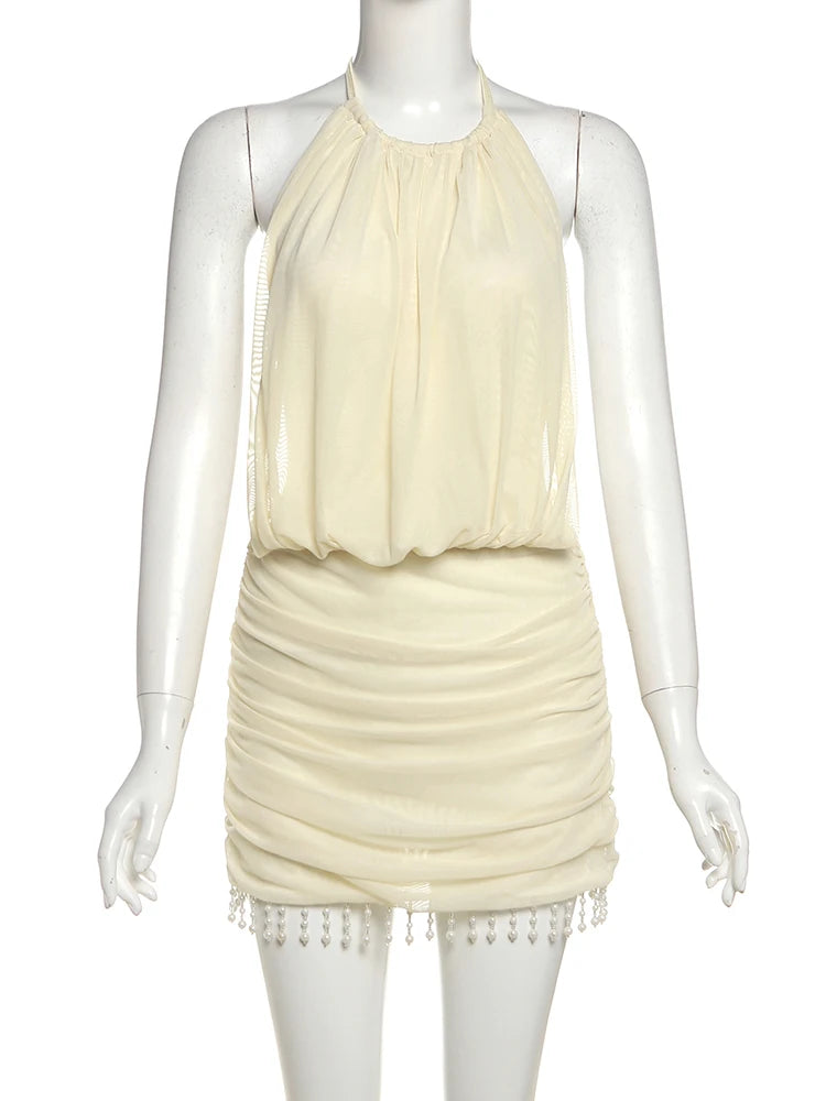 Patchwork Mesh Mini Dress With Lace-Up Halter Backless Tassel Detail